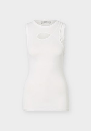 Weißes ärmelloses, eng anliegendes Top mit rundem Ausschnitt und asymmetrischem Cut-out-Detail nahe dem Schlüsselbein, innen mit Markenlabel am Kragen.