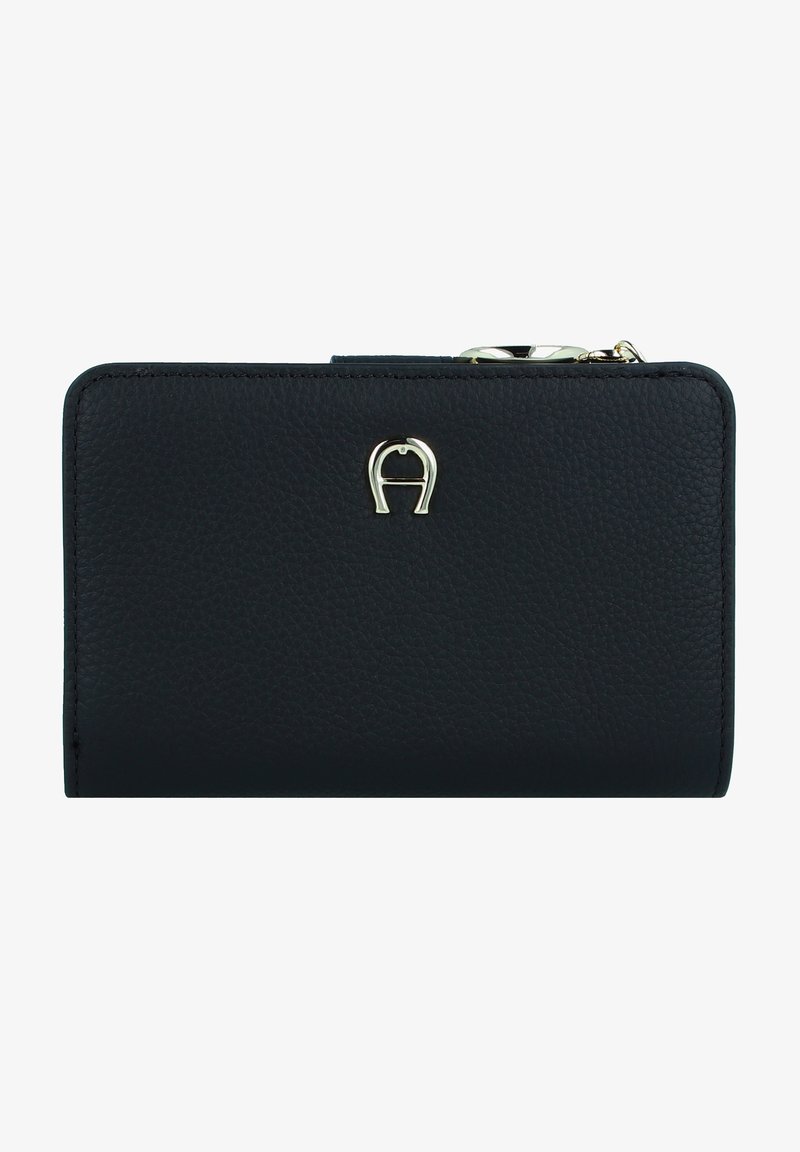 Portafoglio in pelle blu scuro con finitura texture, bordi lisci e un accento del logo in tono oro sul davanti. Chiusura con zip nella parte superiore.
