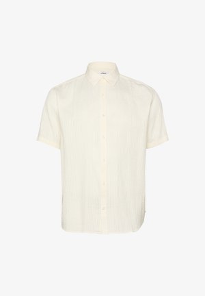 Koszula na krótki rękaw w kremowym kolorze, zapinana na guziki, z ostrokątnym kołnierzem i subtelną pionową fakturą w paski.