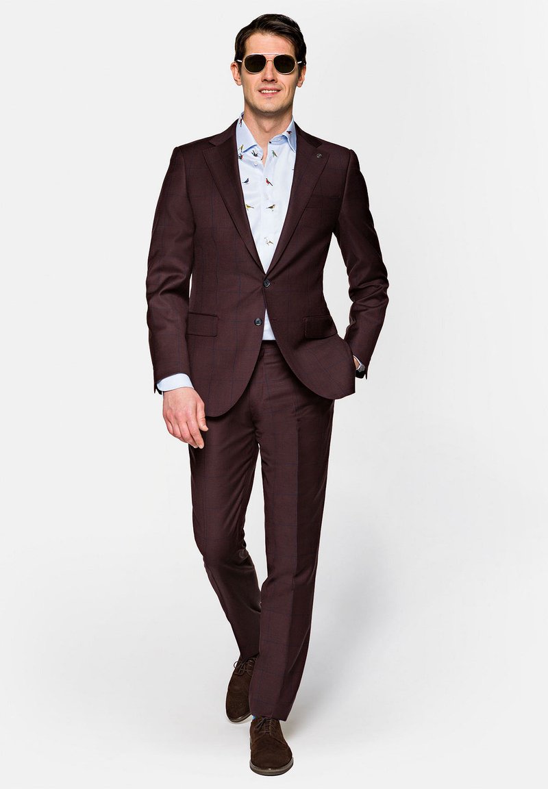 Bordowy garnitur w kratę z klapami, noszony na jasnoniebieskiej koszuli w ptaki. Dodatki obejmują okulary przeciwsłoneczne i brązowe buty.