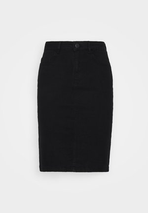 Schwarzer Jeans-Bleistiftrock mit Frontknöpfen, Gürtelschlaufen und Vordertaschen, auf weißem Hintergrund dargestellt.