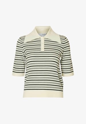 Gestreiftes Poloshirt mit schwarz-weißen horizontalen Streifen, kurzen Ärmeln, einem breiten Kragen und einer Knopfleiste mit fünf Knöpfen.