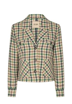 Veste à carreaux verte, beige et noire en mélange de laine, boutonnée, avec col à revers et deux poches poitrine à boutons.