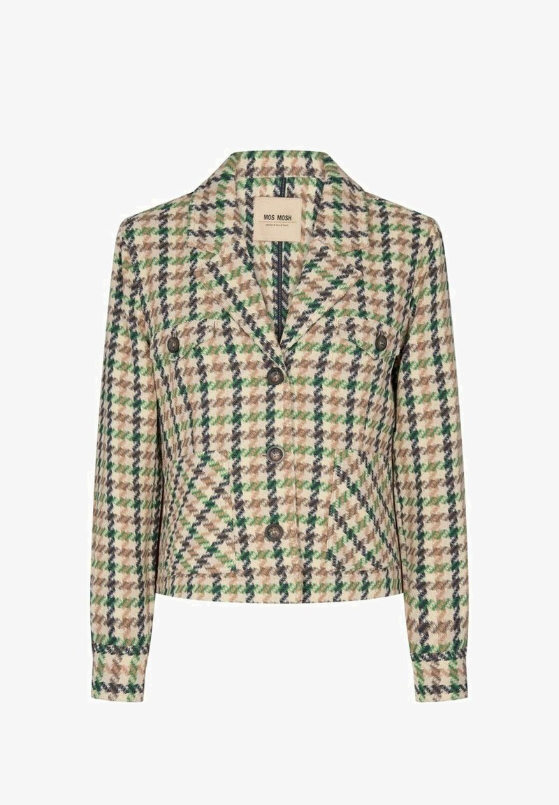Veste à carreaux verte, beige et noire en mélange de laine, boutonnée, avec col à revers et deux poches poitrine à boutons.