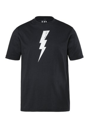Czarna koszulka z krótkim rękawem z postarzonym białym motywem błyskawicy umieszczonym na środku przodu.