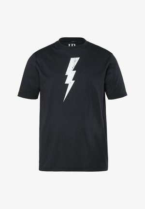 Czarna koszulka z krótkim rękawem z postarzonym białym motywem błyskawicy umieszczonym na środku przodu.