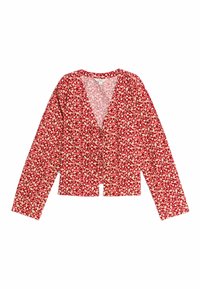 Rød cardigan med blomsterprint, lange ærmer, v-halsudskæring og knaplukning foran. Blødt stof med let struktur.