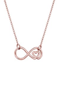 Rose gold halskæde med et uendelighedssymbol sammenflettet med et hjerte, hængende fra en delikat kæde med runde led.