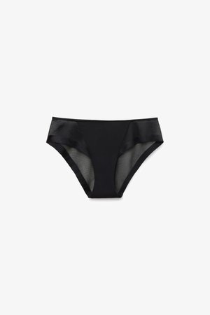 Reggiseno stile bikini nero per donna con pannelli in rete sui lati e pannello frontale liscio, mostrato su sfondo bianco.