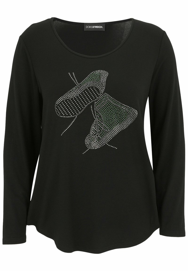 Schwarzes Langarmshirt aus weichem Stoff mit einem Design von Schuhen aus Strass, das die Textur und die filigranen Details betont.