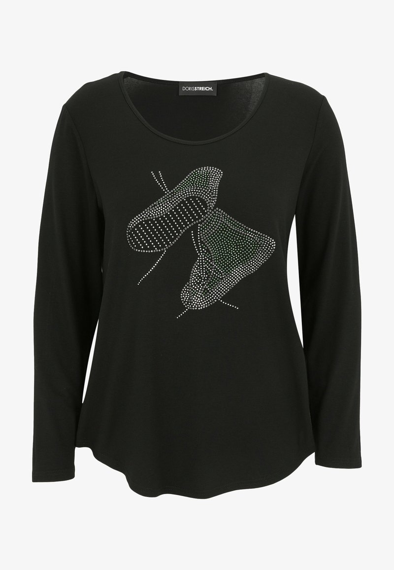 Schwarzes Langarmshirt aus weichem Stoff mit einem Design von Schuhen aus Strass, das die Textur und die filigranen Details betont.