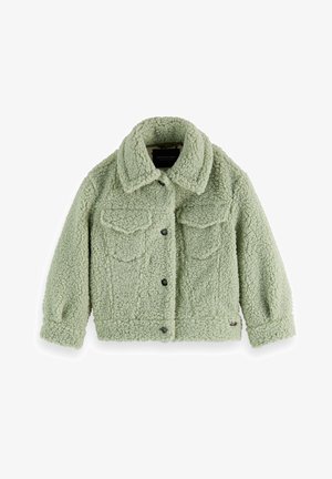 Personne portant une veste sherpa vert clair, un jean slim bleu foncé et des baskets montantes beiges à lacets sur un fond blanc.