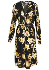 Robe noire à manches longues avec boutons, imprimé floral jaune et blanc, et ceinture à nouer à la taille.