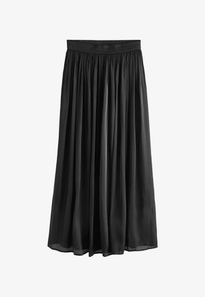 Jupe noire, longueur genou, avec une taille froncée et un design fluide. Fabriquée en tissu léger, lisse et à la texture douce.