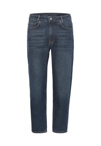Jeans dritti blu scuro in denim, con un classico design a cinque tasche, cintura resistente e dettagli di cucitura discreti.