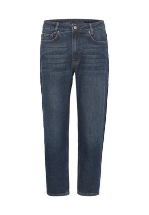 Dark blue straight-leg jeans made of denim, featuring a classic five-pocket design, sturdy waistband, and subtle stitching detail.
