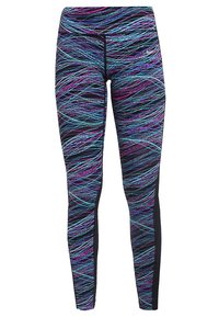 Leggings noirs avec un motif tourbillonnant multicolore en bleu, violet et rose. Fabriqués en tissu extensible pour le confort et le mouvement.