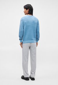 Ανοιχτό μπλε πλεκτό πουλόβερ με στρογγυλή λαιμόκοψη, υφασμάτινη υφή, συνδυασμένο με ανοιχτό γκρι παντελόνι και μαύρα παπούτσια, απεικονισμένο από πίσω.