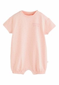 Puha rózsaszín baba overál rövid ujjakkal, apró pöttyökkel, patentokkal a vállon, rugalmas lábnyílásokkal és "BOLDOG NAPOK" felirattal, mosolygós arccal.