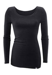 Zwarte longsleeve top met een ronde hals, gemaakt van gladde, rekbare stof. Heeft een aansluitend ontwerp en een subtiele label aan de onderkant.