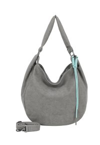 Grau Wildleder Hobo-Tasche mit kurzem gepolstertem Griff, abnehmbarem längeren Riemen, Reißverschluss und dekorativem hellblauen Kordeldetail auf einer Seite.
