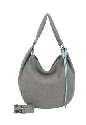 Grau Wildleder Hobo-Tasche mit kurzem gepolstertem Griff, abnehmbarem längeren Riemen, Reißverschluss und dekorativem hellblauen Kordeldetail auf einer Seite.