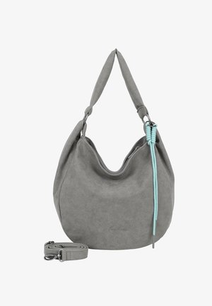 Grau Wildleder Hobo-Tasche mit kurzem gepolstertem Griff, abnehmbarem längeren Riemen, Reißverschluss und dekorativem hellblauen Kordeldetail auf einer Seite.