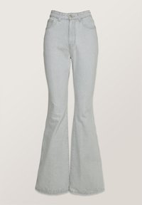 Šviesiai pilki plačios tiesios džinsai, pagaminti iš denimo, su aukšta liemens linija, penkių kišenių dizainu ir švariu apdailos kraštu.