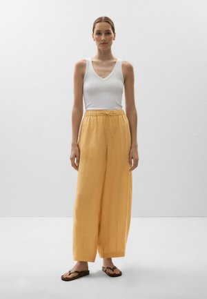 White ribbed tank top paired with loose, yellow, textured wide-leg pants and brown flip-flops, set against a minimalistic background.