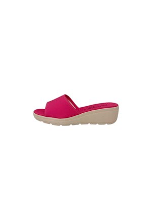 Sandalo donna con punta aperta, tomaia rosa brillante e suola con zeppa beige con fondo testurizzato per una migliore aderenza.