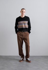 Black knit sweater featuring a horizontal multicolored striped pattern at the chest, paired with brown trousers and black shoes with white laces.