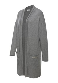 Pilkas megztinis su laisvu siluetu, atviru priekiu, dviem priekinėm kišenėm ir subtiliu logotipo akcentu kišenės apvade. Minkšta tekstūra.