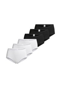 Trois culottes en coton blanches et trois noires disposées en deux rangées sur un fond blanc.