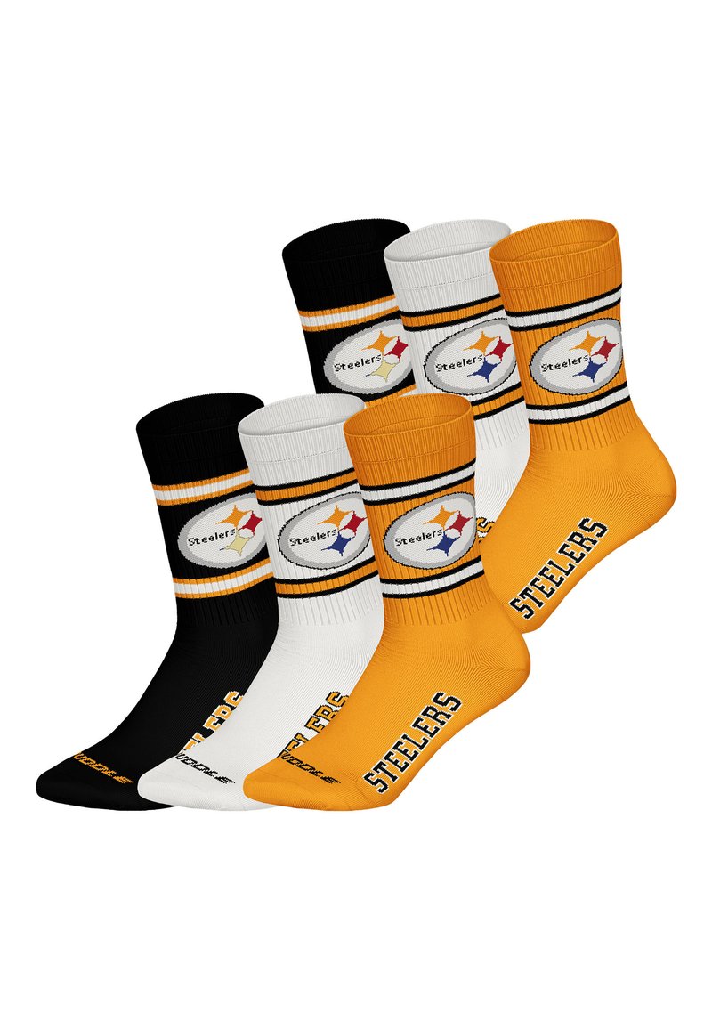 Set aus drei Knöchelsocken in Schwarz, Weiß und Gold. Mit Logo und Schriftzug „STEELERS“. Hergestellt aus Stoff mit geripptem Muster und gestreiften Akzenten.