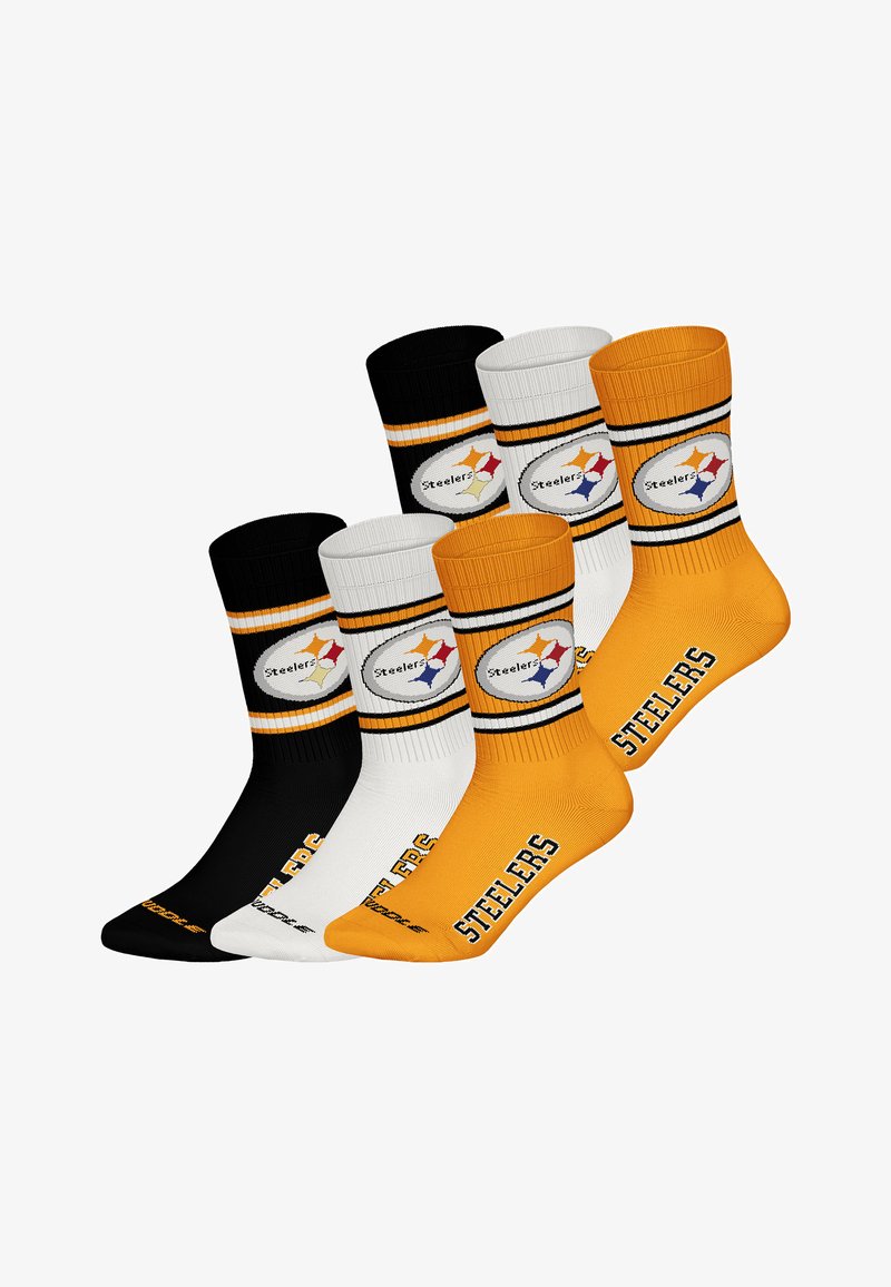 Set aus drei Knöchelsocken in Schwarz, Weiß und Gold. Mit Logo und Schriftzug „STEELERS“. Hergestellt aus Stoff mit geripptem Muster und gestreiften Akzenten.