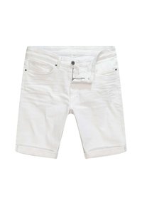 Shorts de mezclilla blanca con dobladillo enrollado, bolsillos frontales, trabillas para cinturón y cierre de botón. Textura suave con un ajuste clásico.