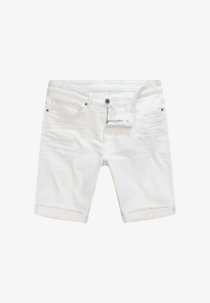 Weiße Denim-Shorts mit umgeschlagenem Saum, vorderen Taschen, Gürtelschlaufen und Knopfverschluss. Glatte Textur mit klassischer Passform.