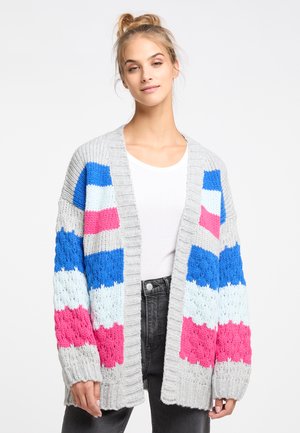 Strikket cardigan med en løs pasform, der har en grå base, markante blå, pink og lyseblå striber samt ribbede manchetter og kant.