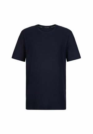 Marineblaue kurzärmlige T-Shirt aus glattem Baumwollstoff mit Rundhalsausschnitt und Logoschmuck auf dem Innenkragen.