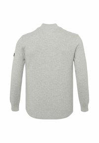 Helles graues Sweatshirt mit langen Ärmeln, gerippten Bündchen und Saum, einfacher Strickstruktur und rundem Halsausschnitt. Keine sichtbare Markenkennzeichnung auf der Rückseite.