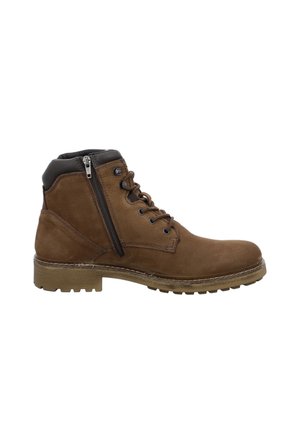 Botas de tobillo de cuero marrón con una textura suave, que cuentan con un cierre lateral, punta redonda y una suela de goma rugosa para mayor tracción.