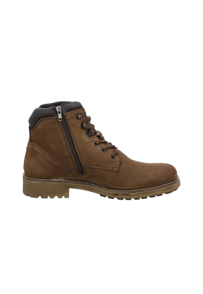 Bottes chevilles en cuir marron avec une texture lisse, dotées d'une fermeture éclair sur le côté, d'un bout rond et d'une semelle extérieure en caoutchouc robuste pour une meilleure adhérence.