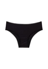Slip da bagno neri da donna con dettagli in pizzo lungo la vita e le aperture delle gambe su uno sfondo bianco.