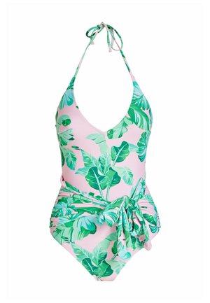 Costume intero con scollatura a V, legature al collo, sfondo rosa e grande motivo a foglia verde. Include un dettaglio in vita legato.