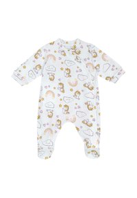 Vitt babydress med unicorn- och regnbågstryck i pastellfärger, med långa ärmar, tryckknappar och fötter. Mjuk tygtextur.