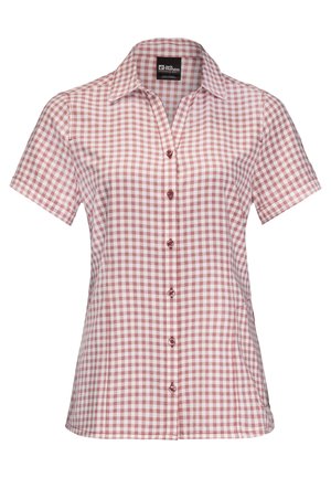 Chemise à manches courtes avec boutons, motif à carreaux rose et blanc et col pointu.