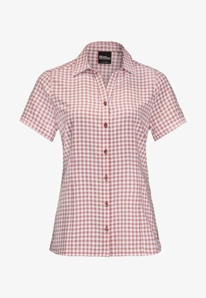 Camisa de manga corta con botones, con un patrón de cuadros rosa y blanco y un cuello puntiagudo.