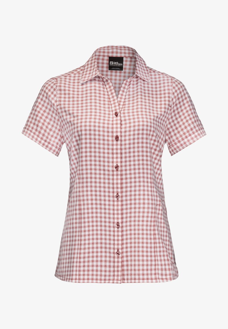 Chemise à manches courtes avec boutons, motif à carreaux rose et blanc et col pointu.