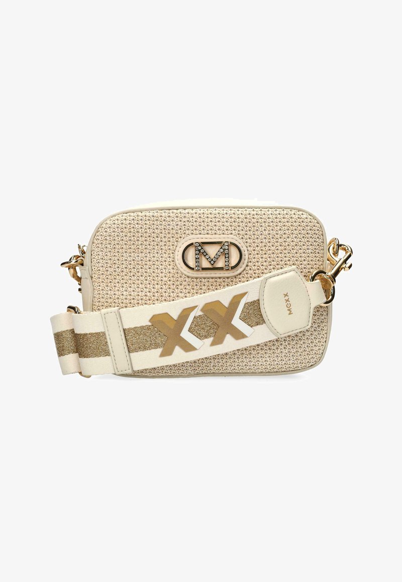 Borsa a tracolla intrecciata beige con logo in tono oro, tracolla regolabile con accenti bianchi e dorati e superficie texturizzata.