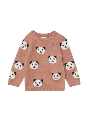 Pull rose à manches longues pour enfants avec motif de visages de panda blancs et noirs et détails de boutons près de l'encolure ronde.